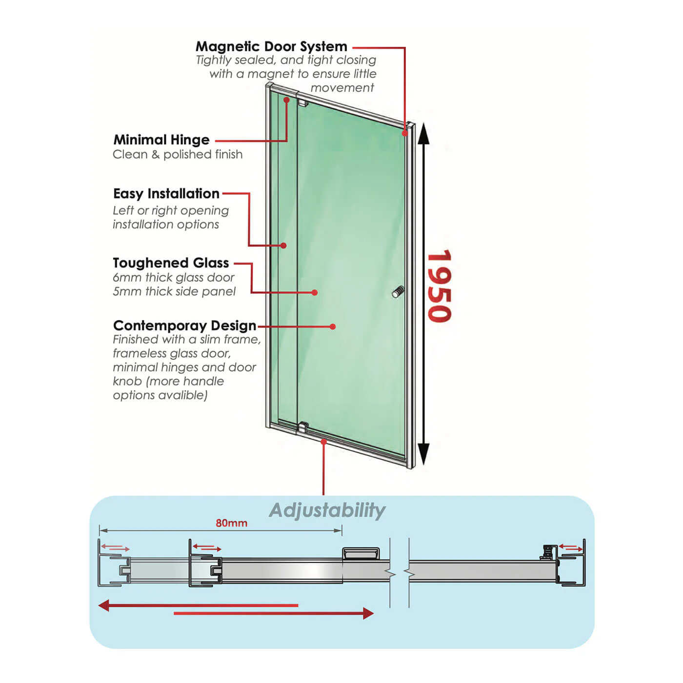 Semi-Frameless 6mm Adjustable 1-Side Shower Screen 1950mm High Chrome - Image 5