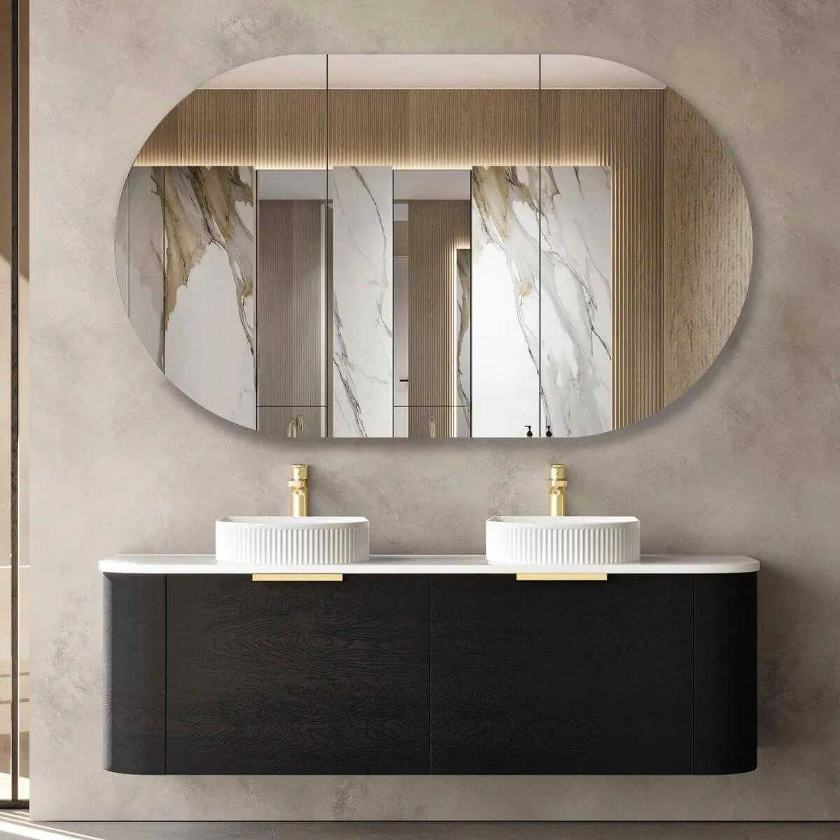 Bondi Black Oak Curved Wall Hung Vanity