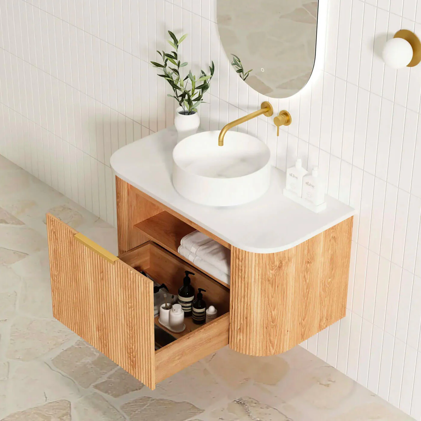 Bondi Fluted Oak Curved Wall Hung Vanity - Image 4