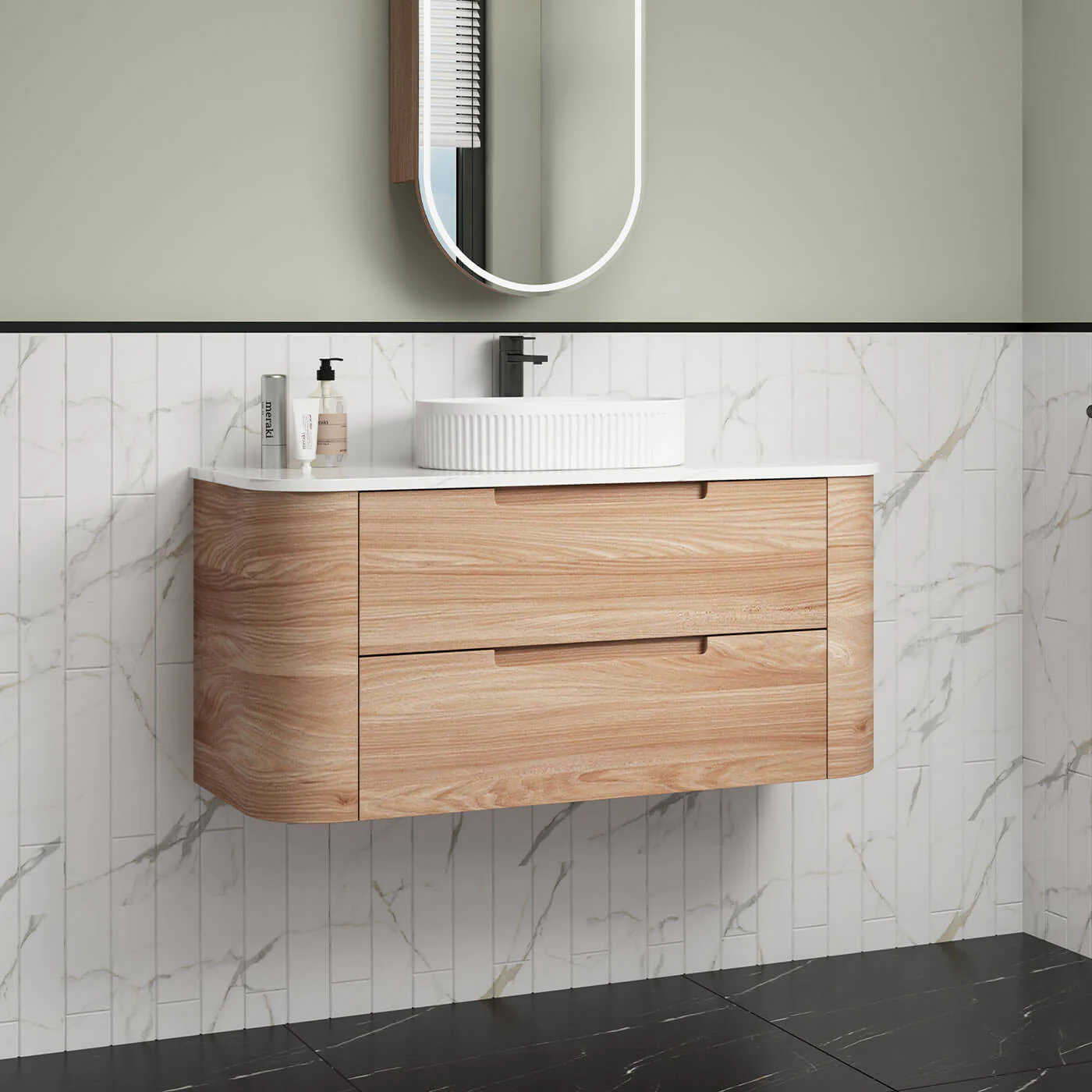 Briony Curved Timber Grain Wall Hung Vanity - Image 4