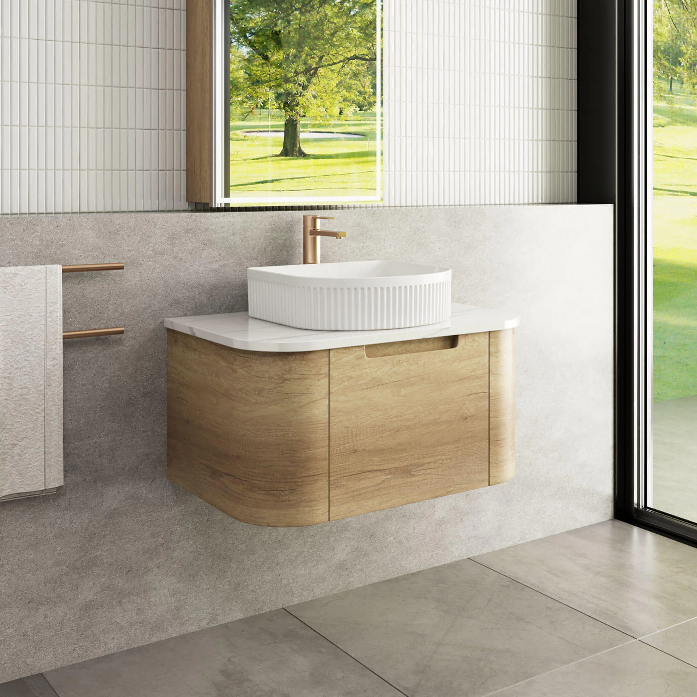 Carita Curved Timber Grain Wall Hung Vanity - Image 2