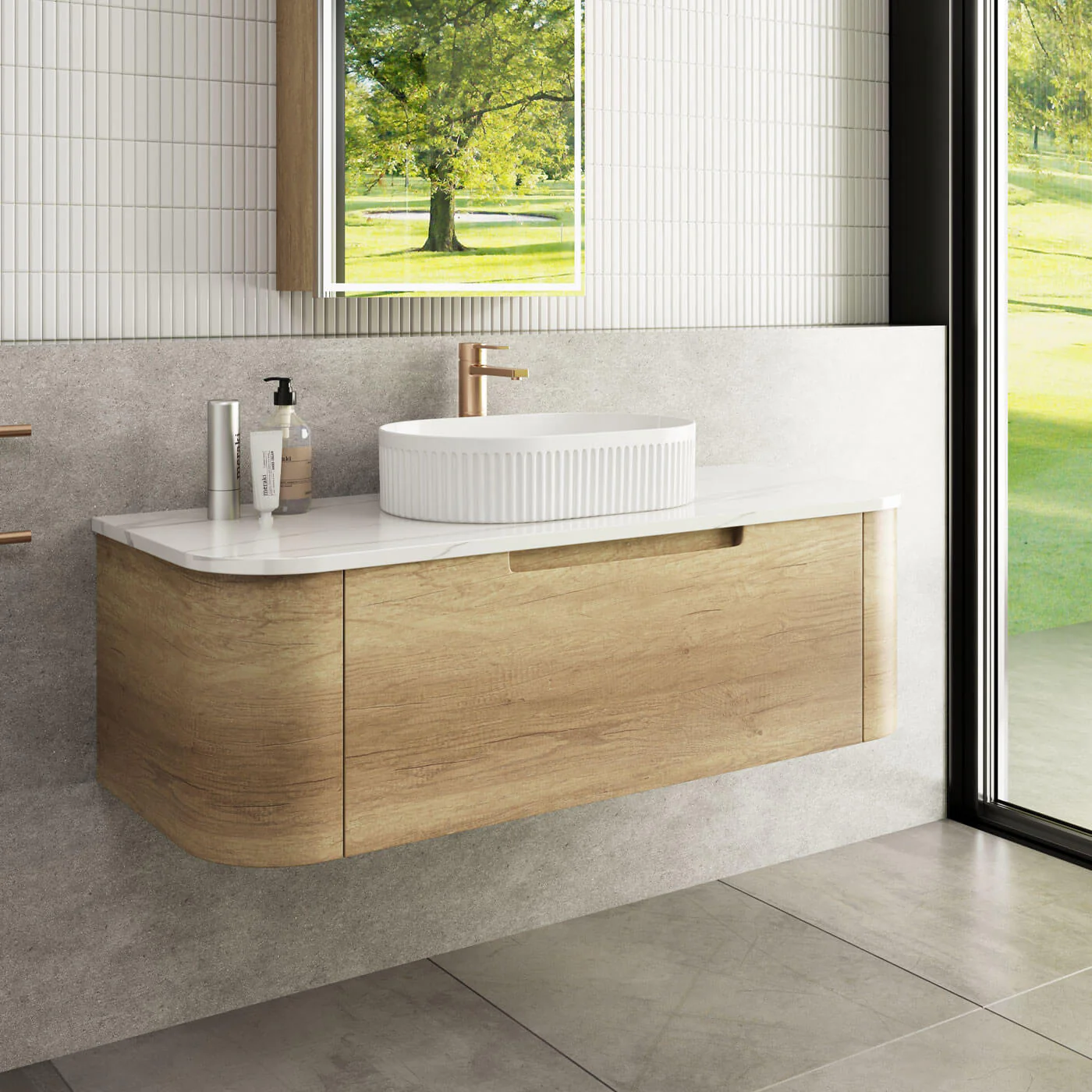 Carita Curved Timber Grain Wall Hung Vanity - Image 3