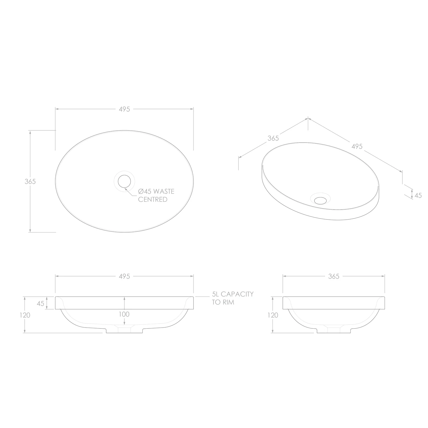 Dignity Inset Oval Solid Surface Basin 495x365mm - Image 3