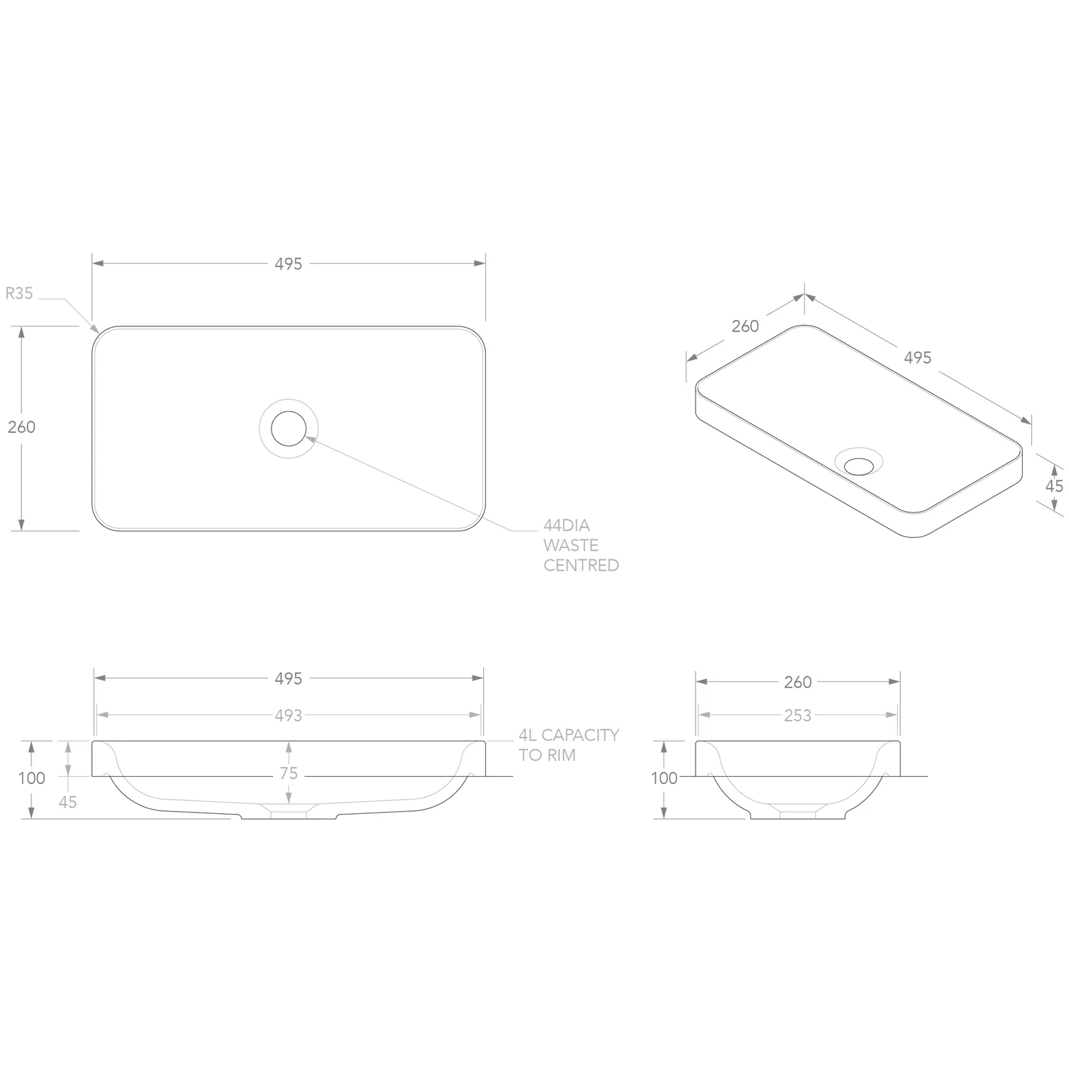 Faith Inset Rectangular Solid Surface Basin 500x260mm - Image 3