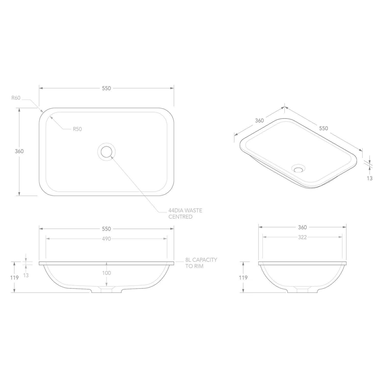 Glory Undermount Solid Surface Basin 545x355mm - Image 4