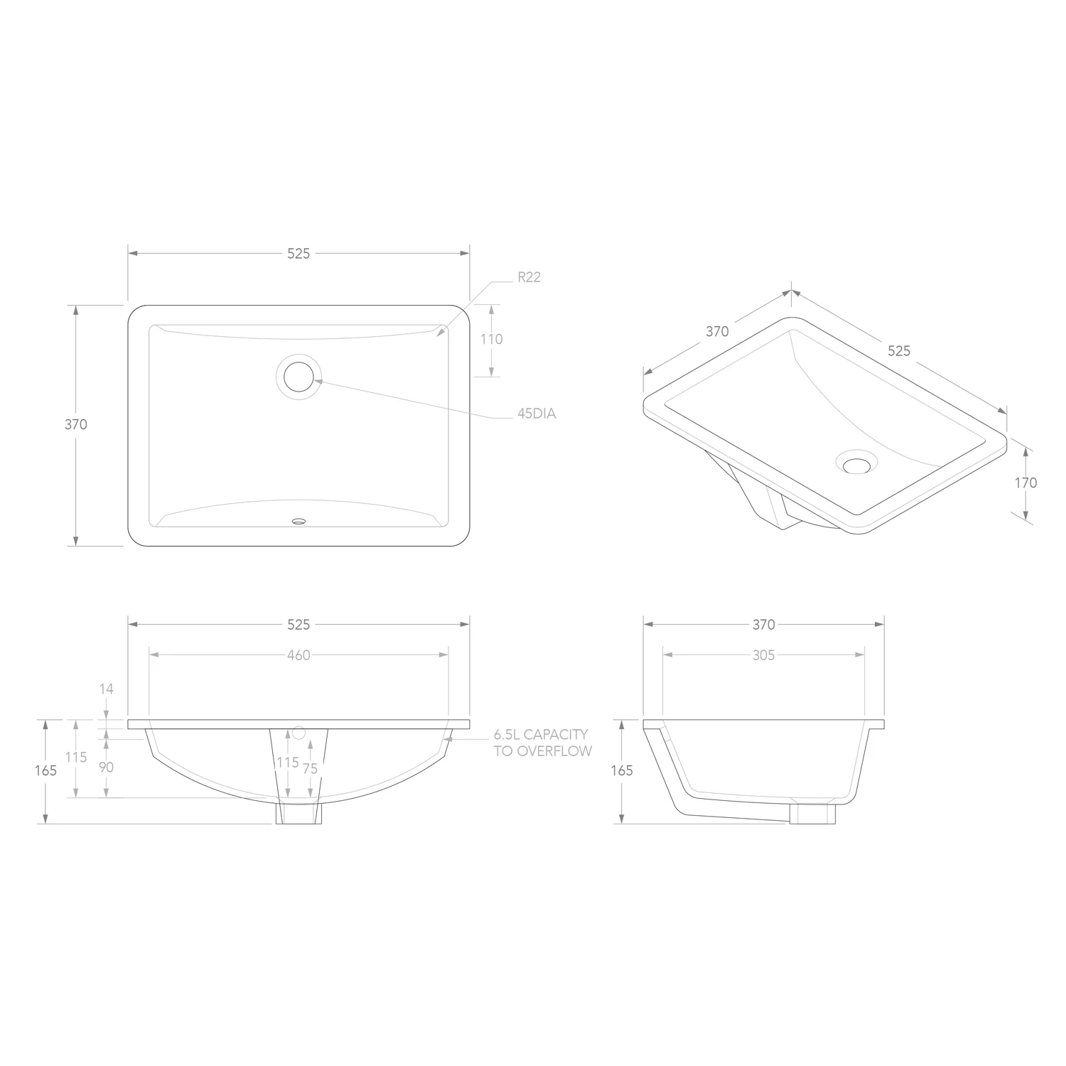 Gravity Undermount Ceramic Basin 525x370mm - Image 3