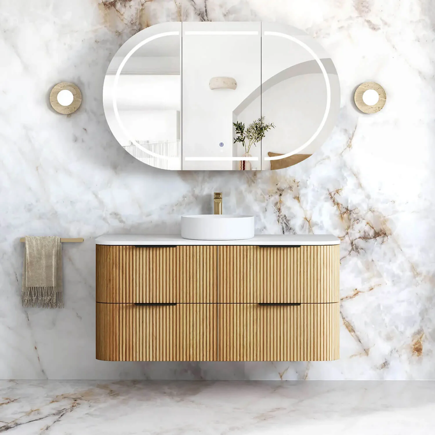 Havana Oak Fluted Curved Wall Hung Vanity