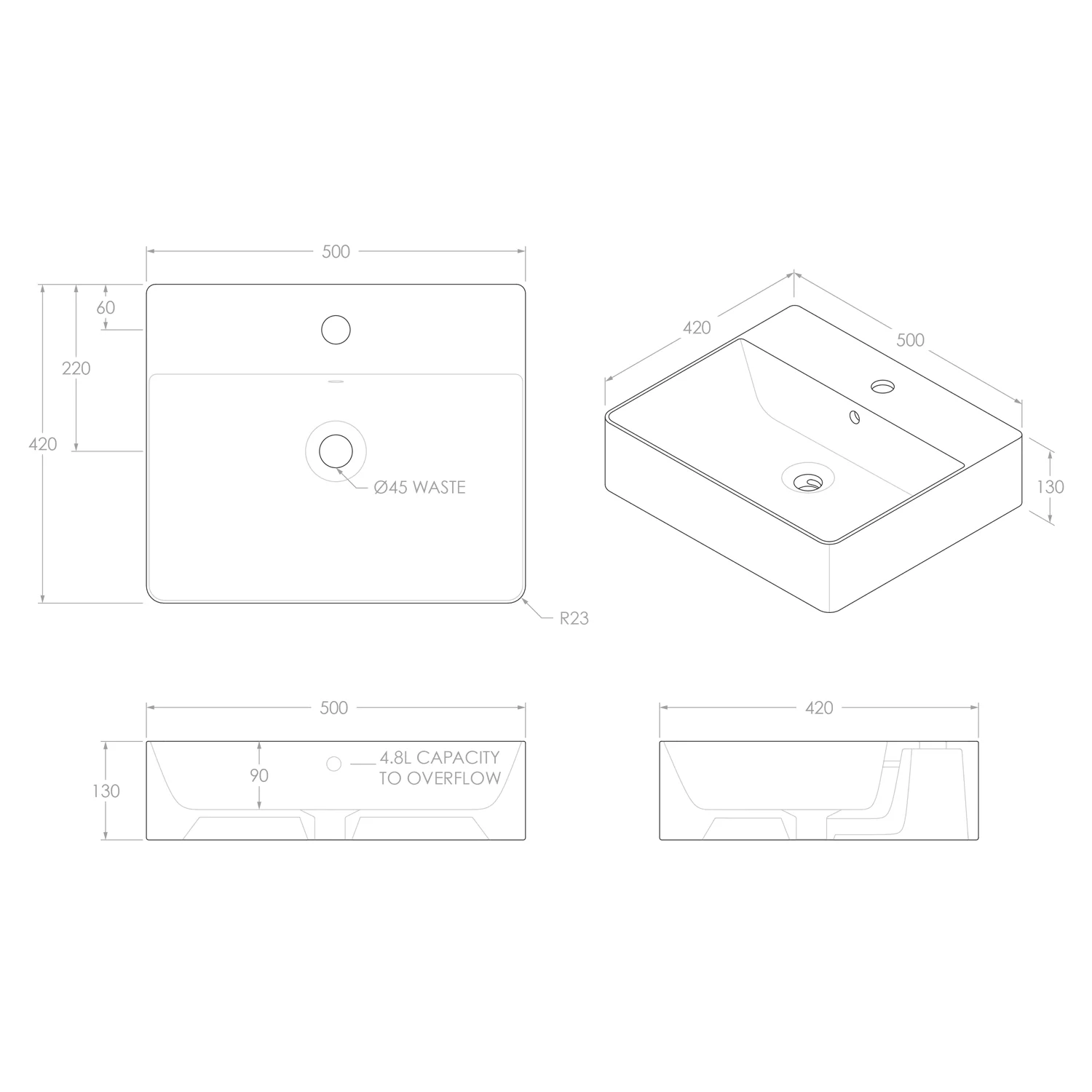 Jack Rectangular Ceramic Basin 500x420mm - Image 3