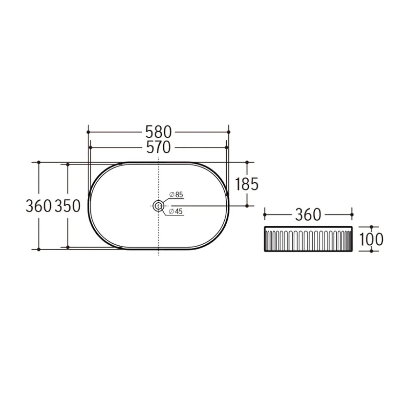 Kira Pill Fluted Above Counter Ribbed Basin 580x360mm - Image 3