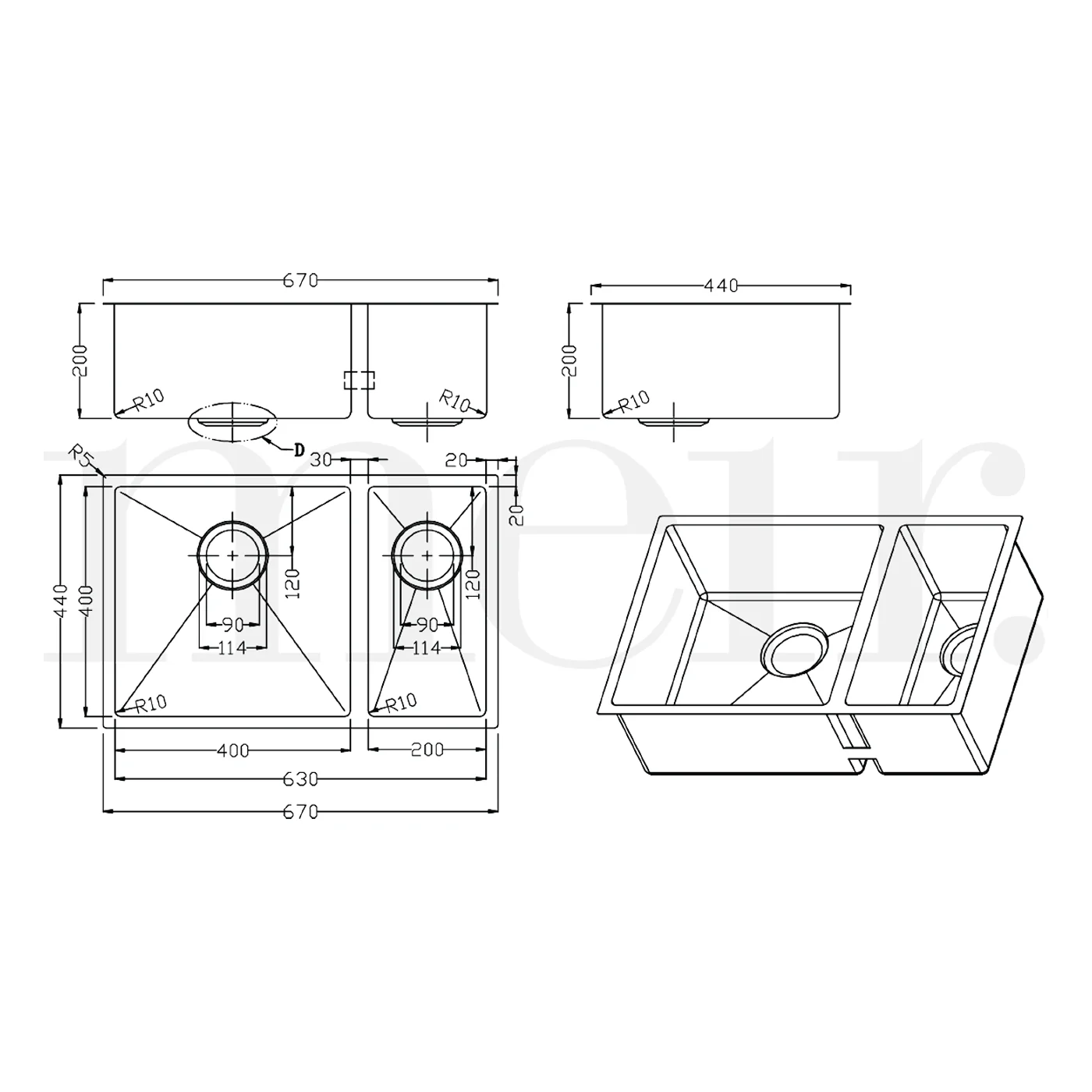 Lavello 1.5 Bowl Stainless Steel Sink 670x440x200mm - Image 4