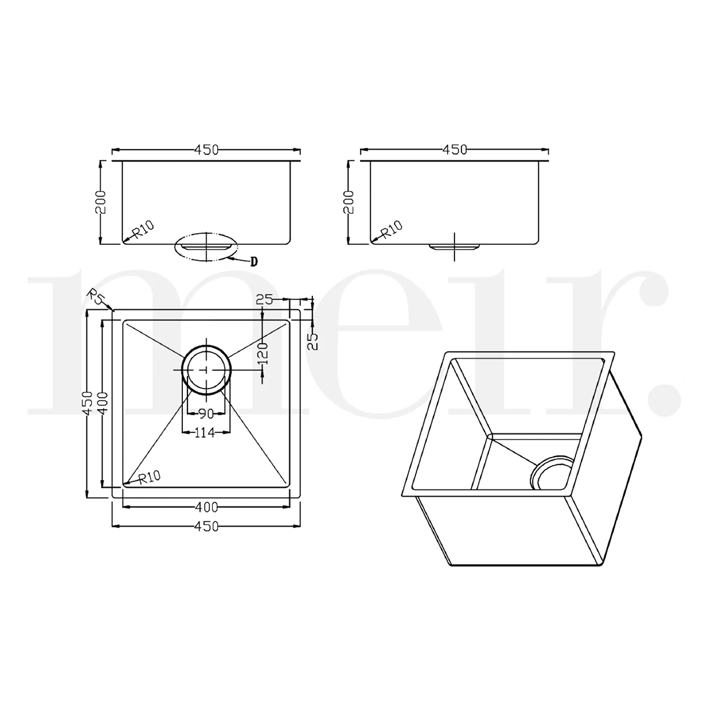 Lavello Single Bowl Stainless Steel Sink 450x450x200mm - Image 4