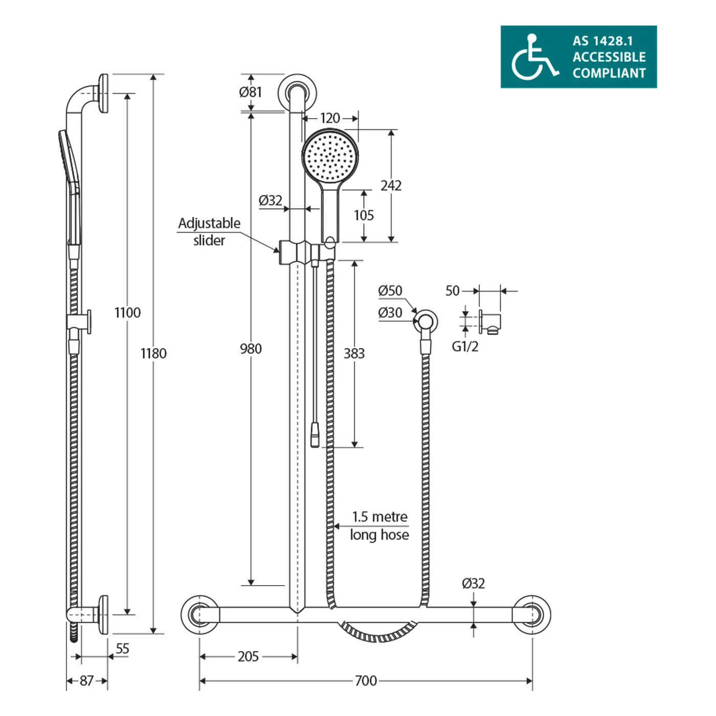 Luciana Care DDA Shower Rail with Grab Bar - Image 5