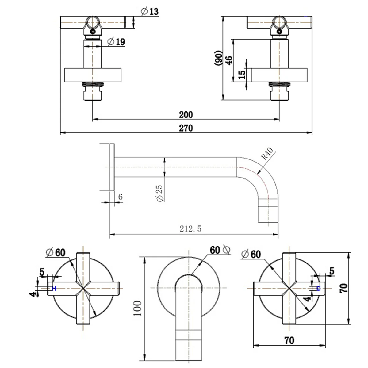 Lukas Cross Handle Hot/Cold Assembly Tap Spout Set - Image 6