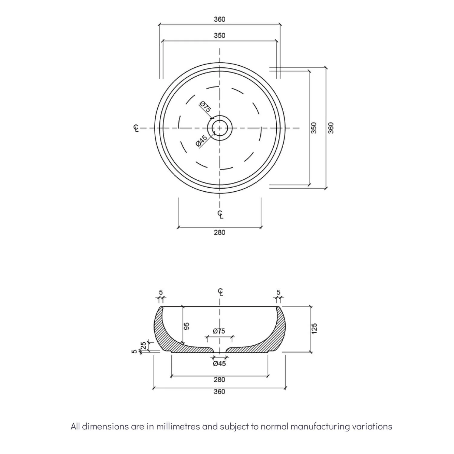 Luna Curved Round Basin 360mm - Image 2
