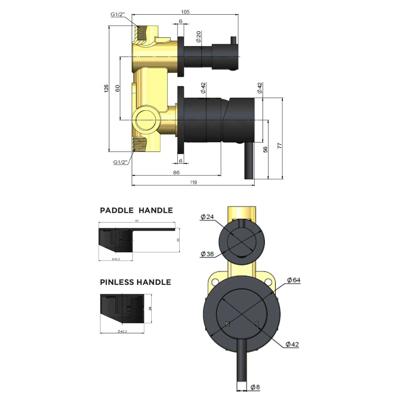 Meir Pin Handle Diverter Wall Mixer - Image 8