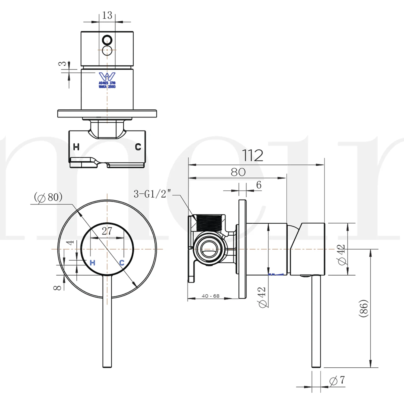 Meir Round Pin Handle Wall Mixer - Image 8