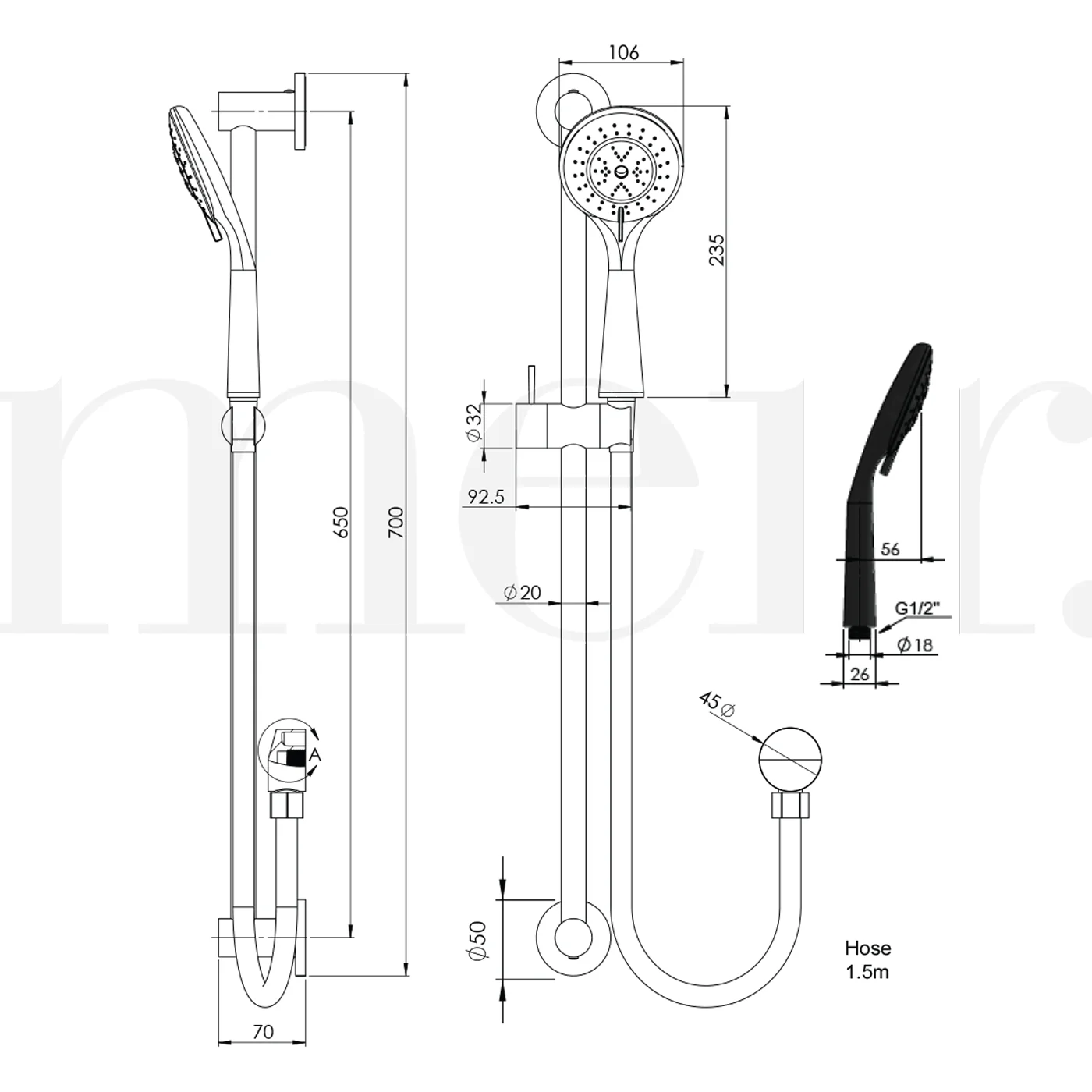 Meir Sliding Shower Rail 3-Function Handset - Image 8
