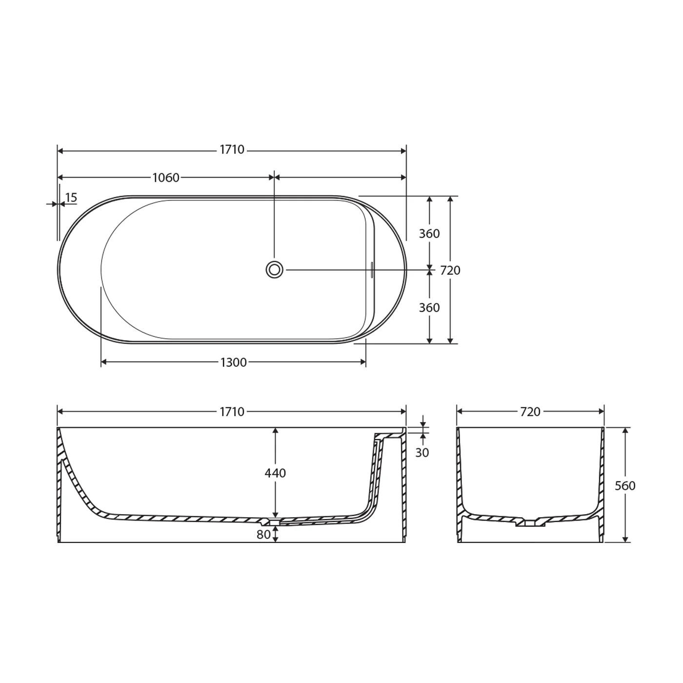 Minka Solid Surface Freestanding Bathtub 1700mm - Image 6