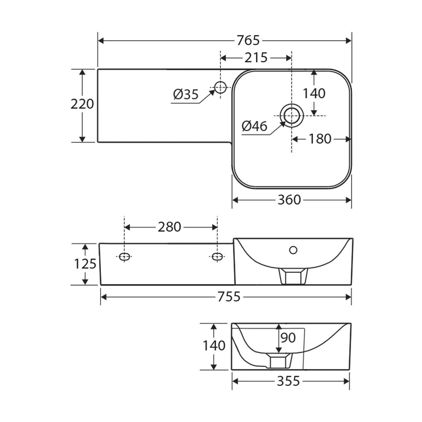 Petit Wall Hung Ceramic Basin 765mm - Image 7