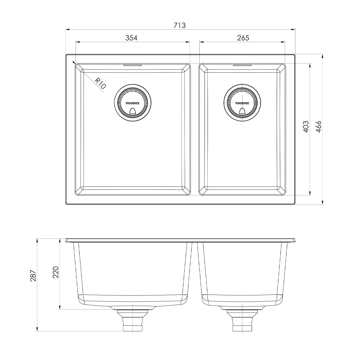 Phoenix 5000 1 & 3/4 Bowl Sink 713x466x220mm - Image 6