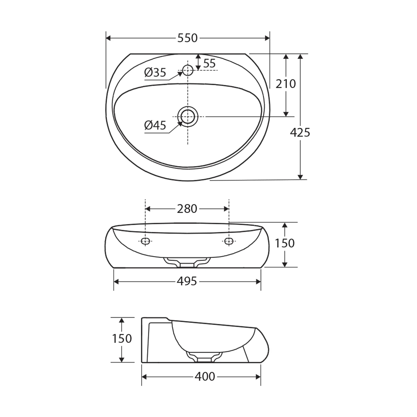 RAK Cloud Above Counter Ceramic Basin 550x425mm - Image 2