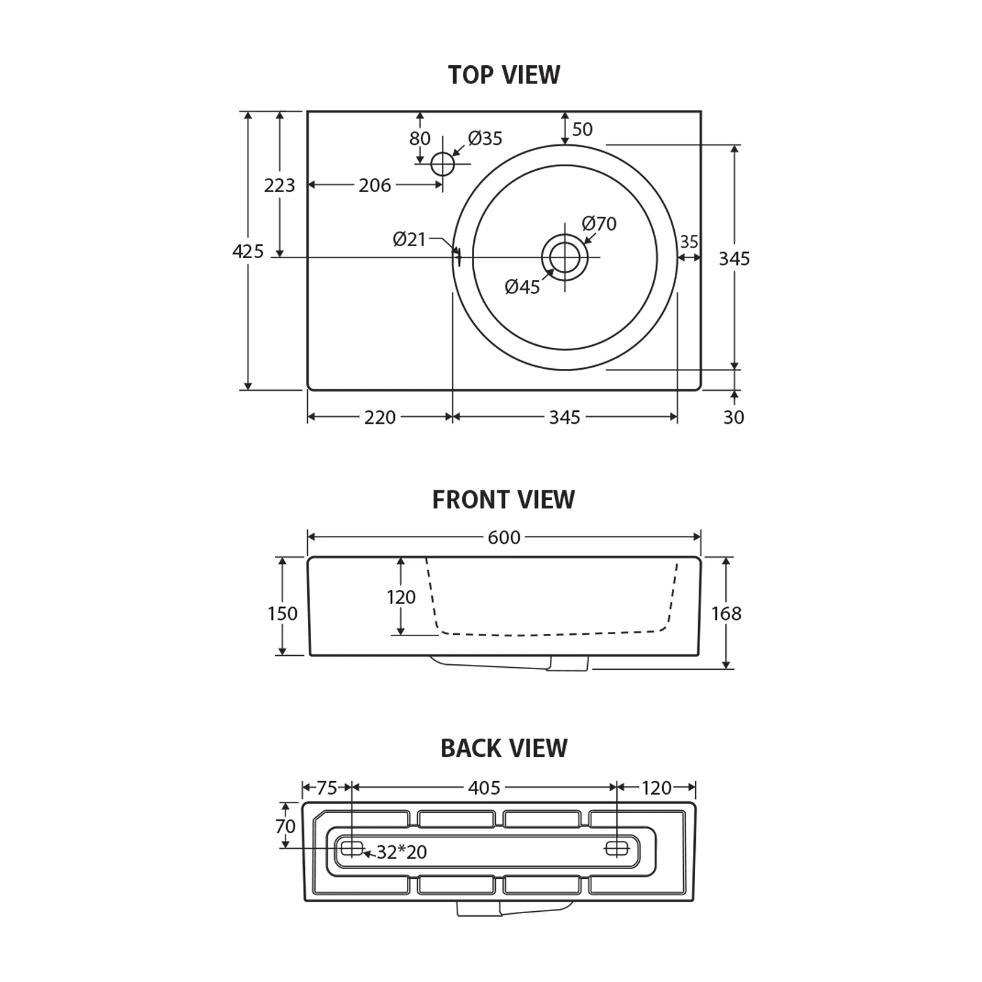Reba Skew Wall Hung Ceramic Basin 600mm - Image 7
