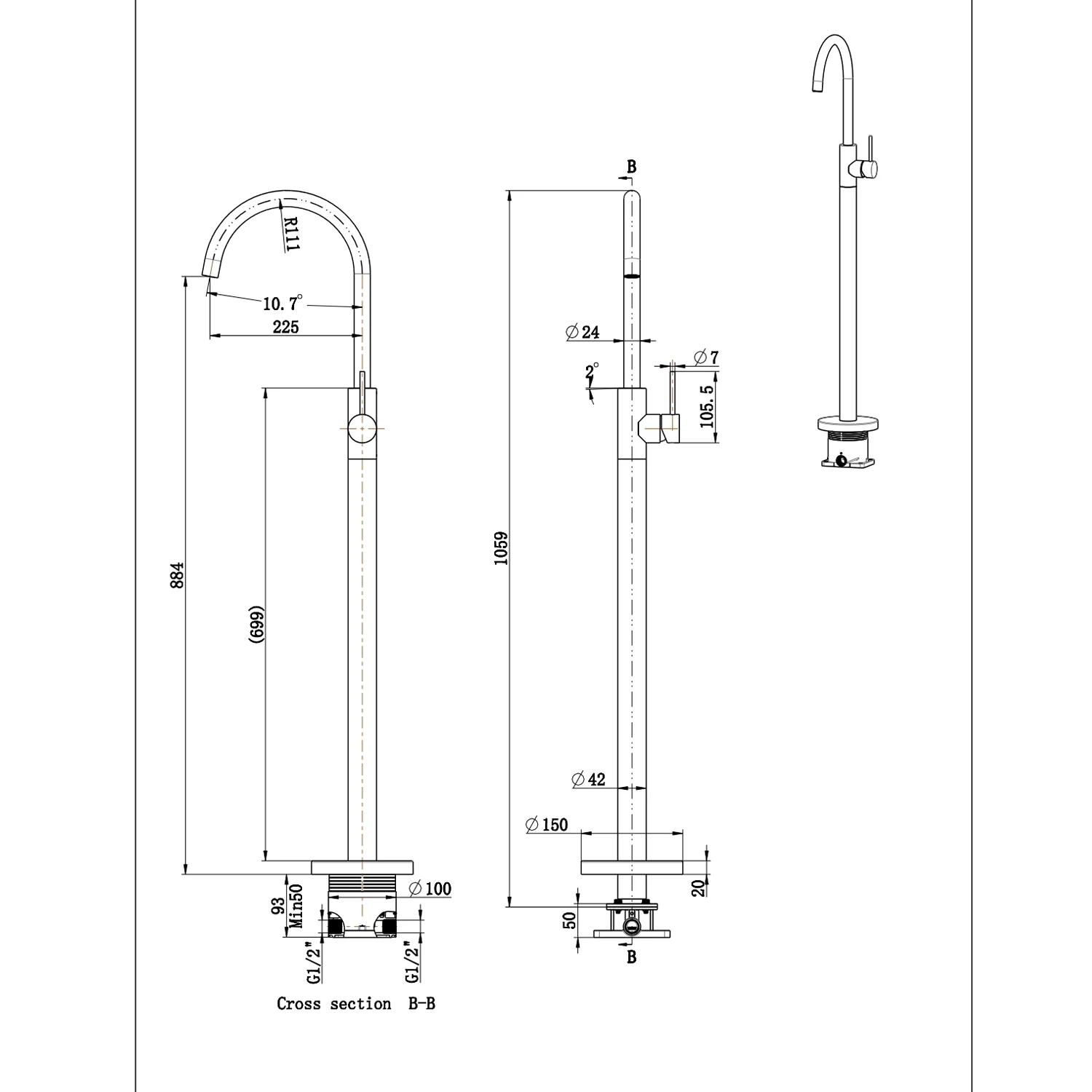 Slimline Stainless Steel Freestanding Bath Mixer - Image 8