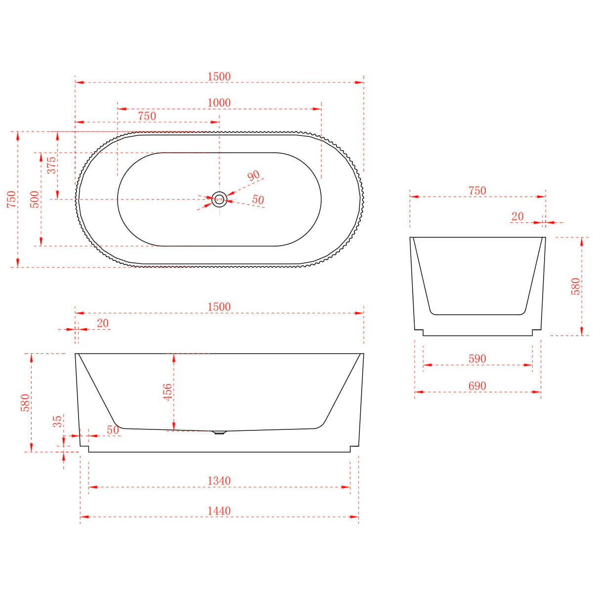 Trina Oval Ribbed Freestanding Fluted Bathtub - Image 3