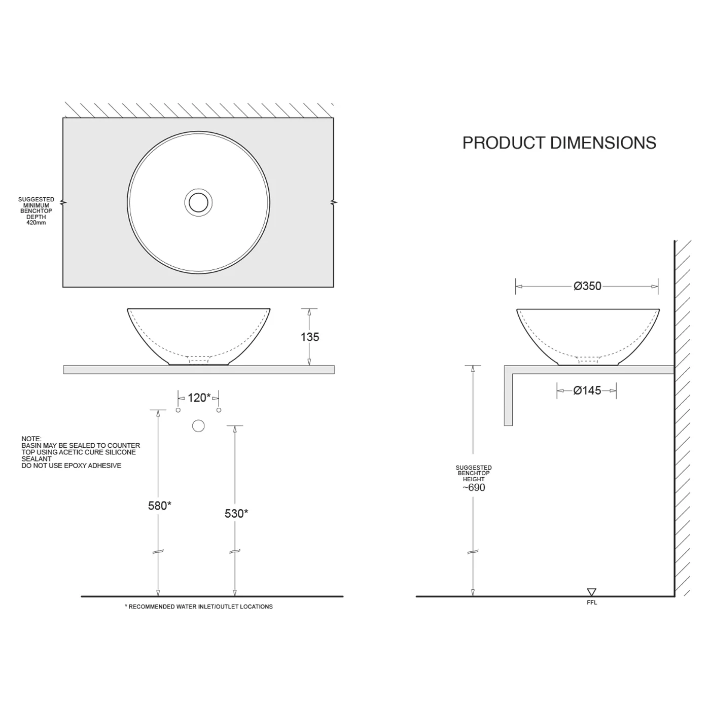 Venezia Round Above Counter Bowl Basin 350mm - Image 5