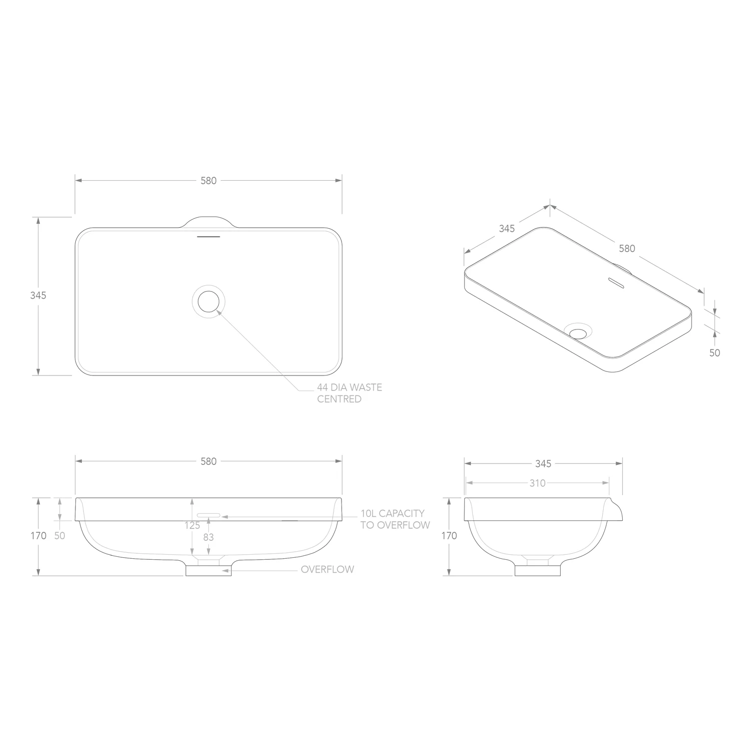 Zeya Inset Rectangular Solid Surface 580x346mm - Image 3